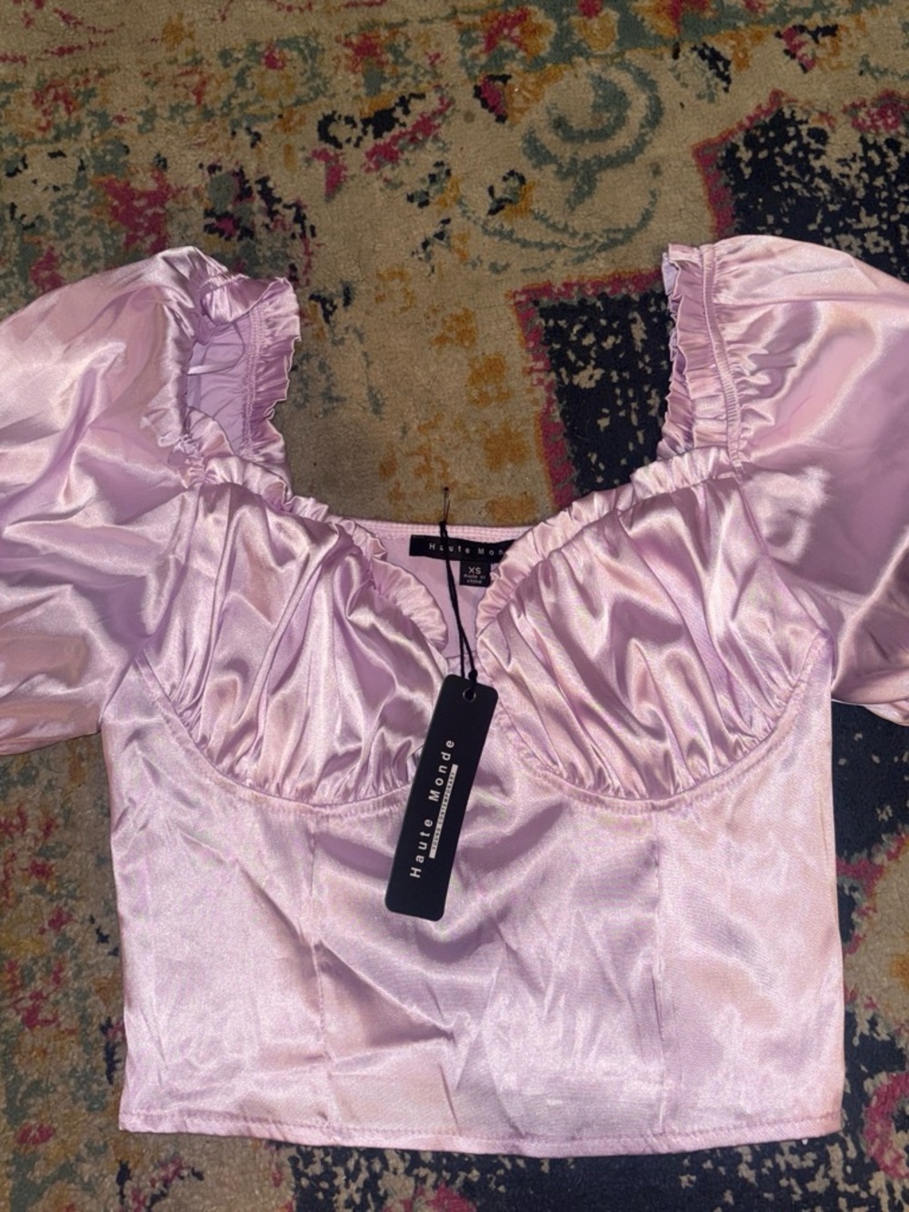 Haute Monde Pink Satin Puff-Sleeve Crop Top